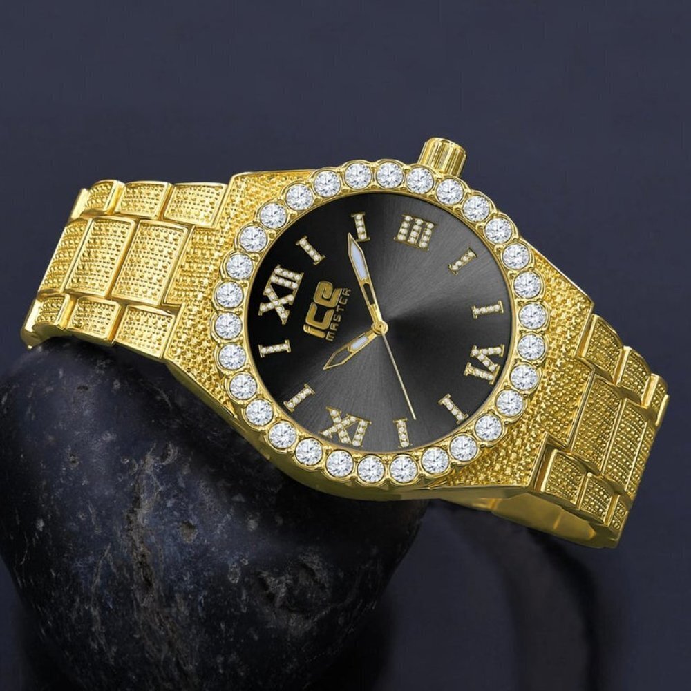 Men's Hip Hop Watch in 18k Gold Finish Black Face